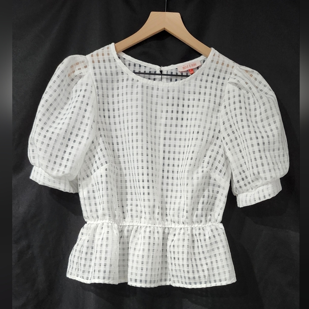 Mele E Pere Womens Puff Sleeve Top Size M White Sheer Modern Checkered Coquette - Picture 2 of 8